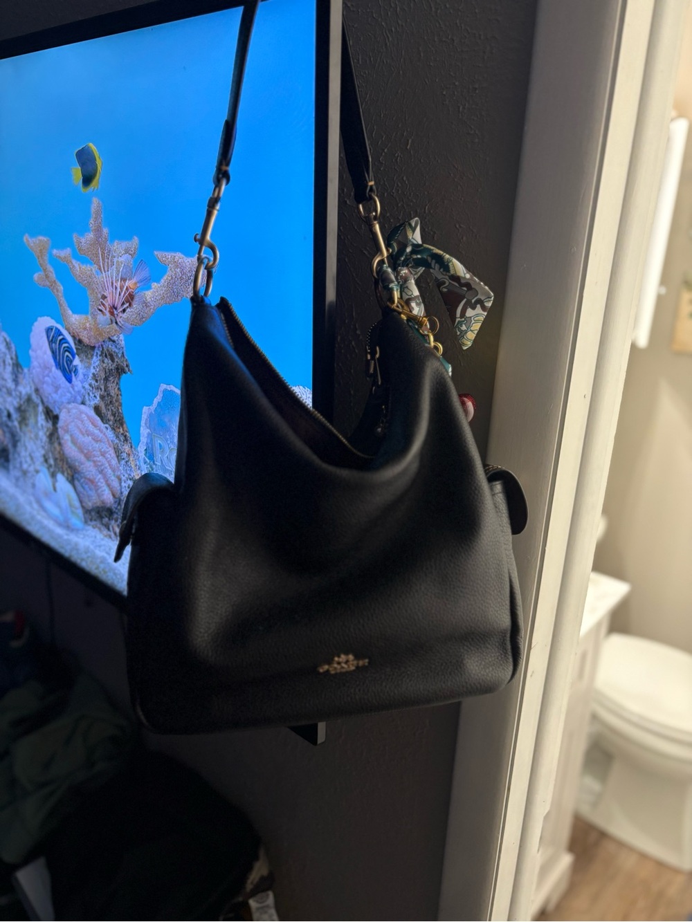 Coach Black Pebbled Leather Shoulder Hobo with Floral Scarf Accent